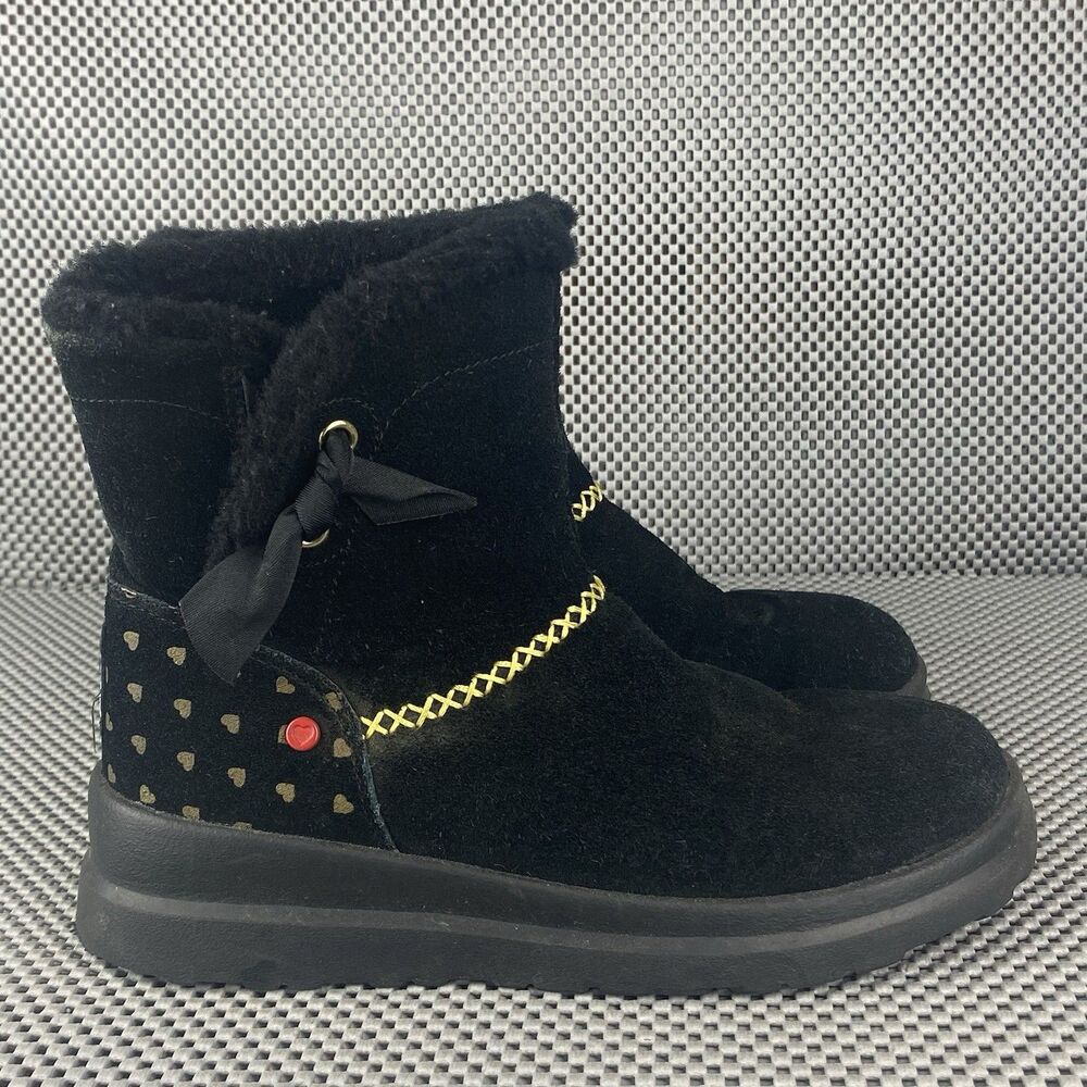 UGG Heart Boots Womens 5 Black Leather Winter Boots Pull On Casual Outdoors